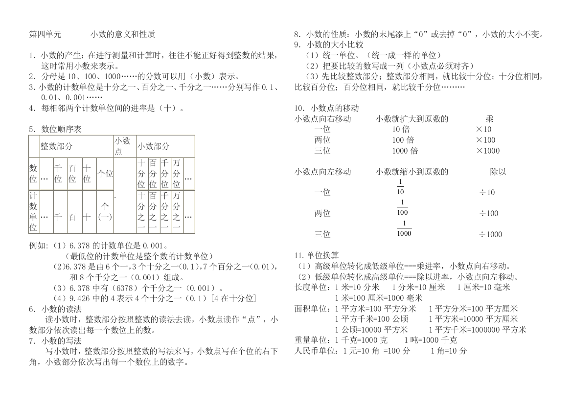 (完整版)四年级下册数学第四单元小数的意义和性质(知识点加练习)-推荐文档