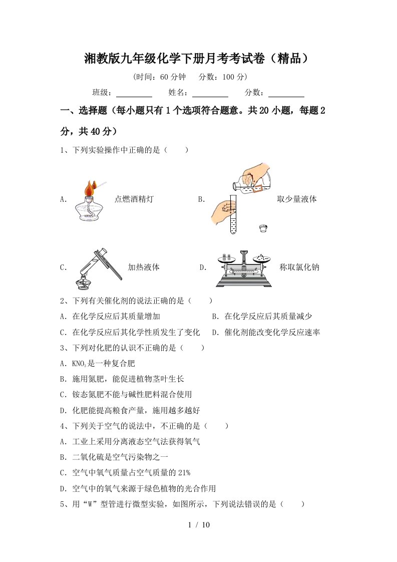 湘教版九年级化学下册月考考试卷精品