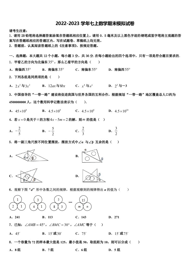 2023届四川省成都市天府新区九级七年级数学第一学期期末考试模拟试题含解析