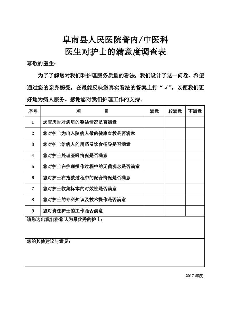 医生对护士的满意度调查表