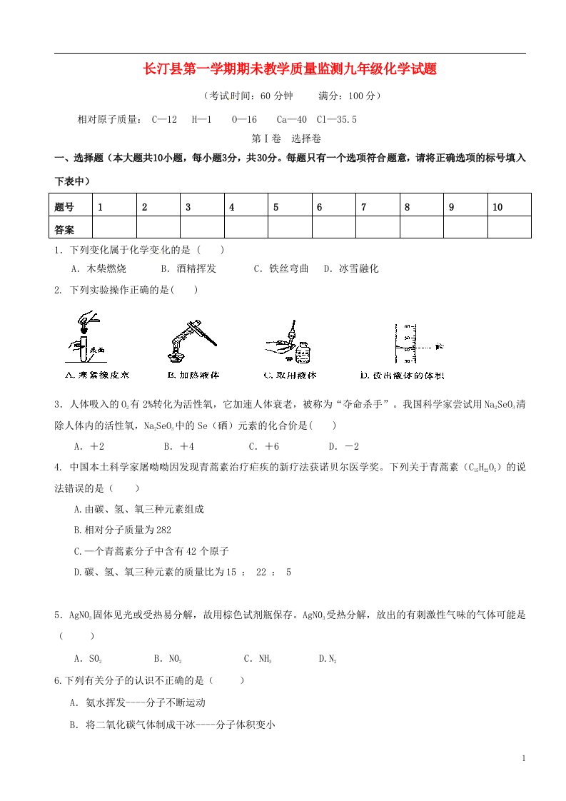 福建省长汀县第四中学九级化学上学期期末考试试题