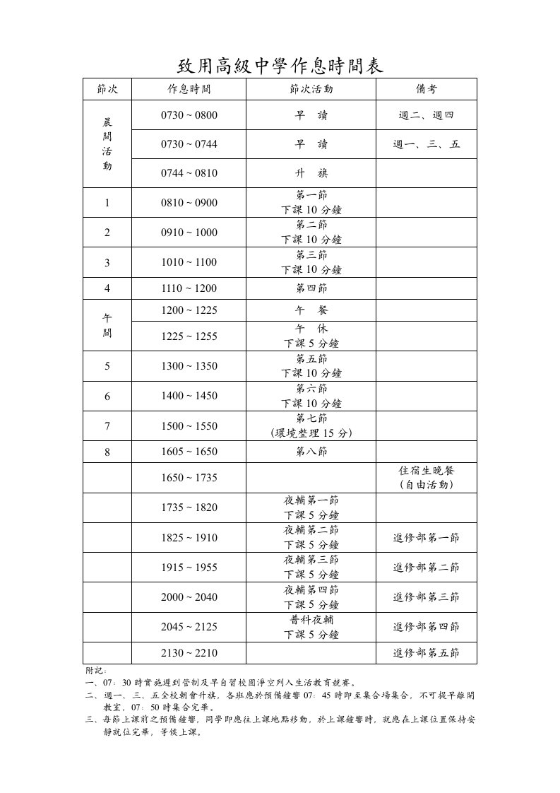 致用高级中学作息时间表