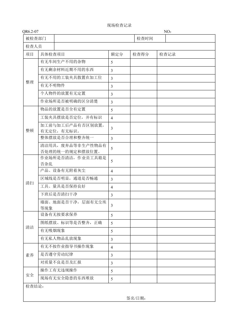 生产管理-5s现场检查记录