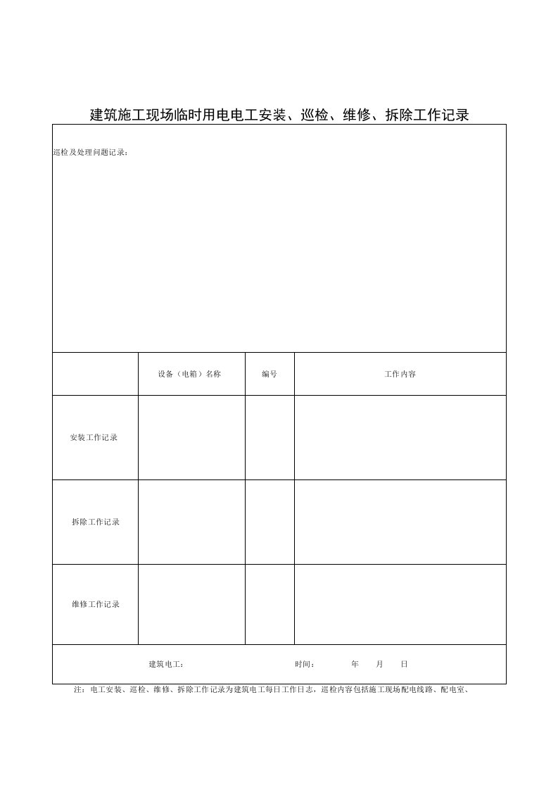 建筑施工现场临时用电电工安装巡检维修拆除工作记录