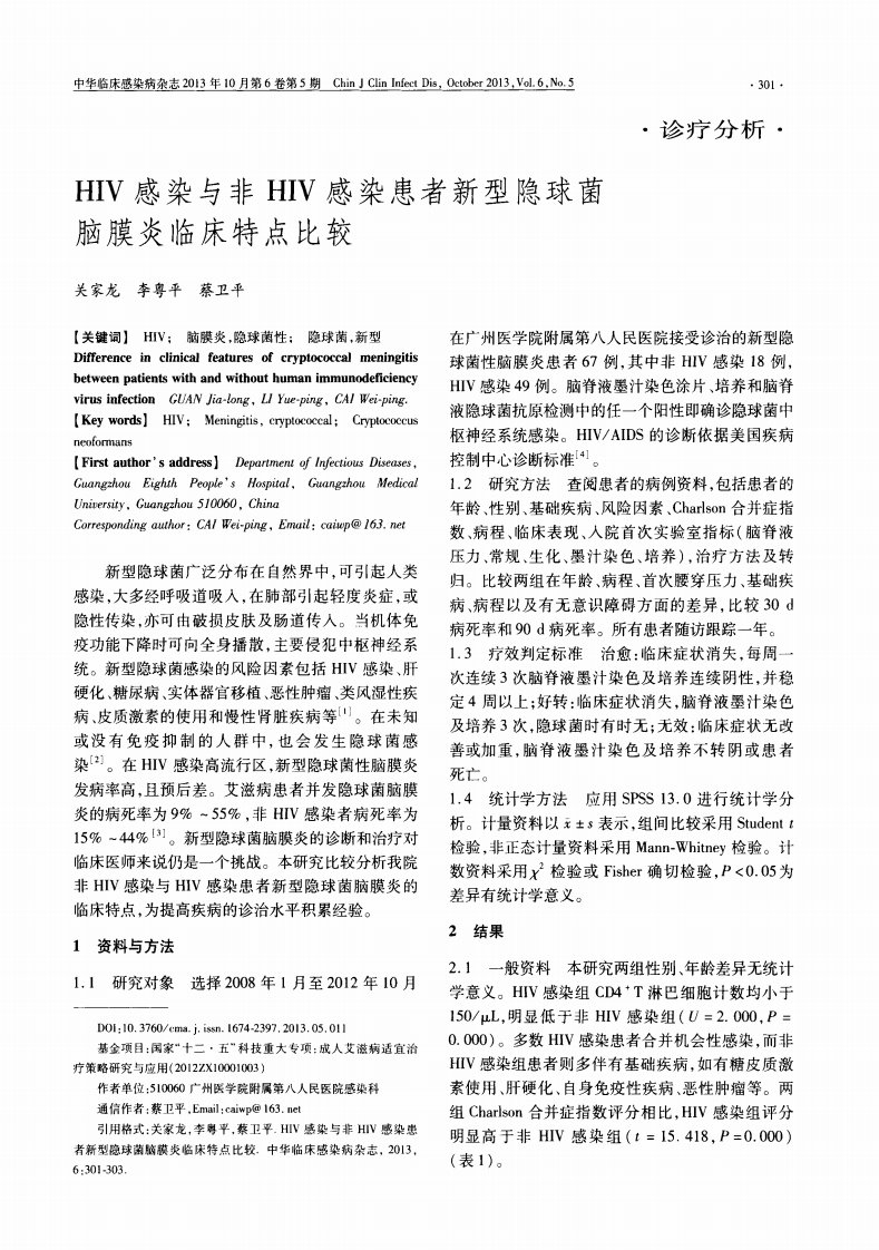 HIV感染与非HIV感染患者新型隐球菌脑膜炎临床特点比较