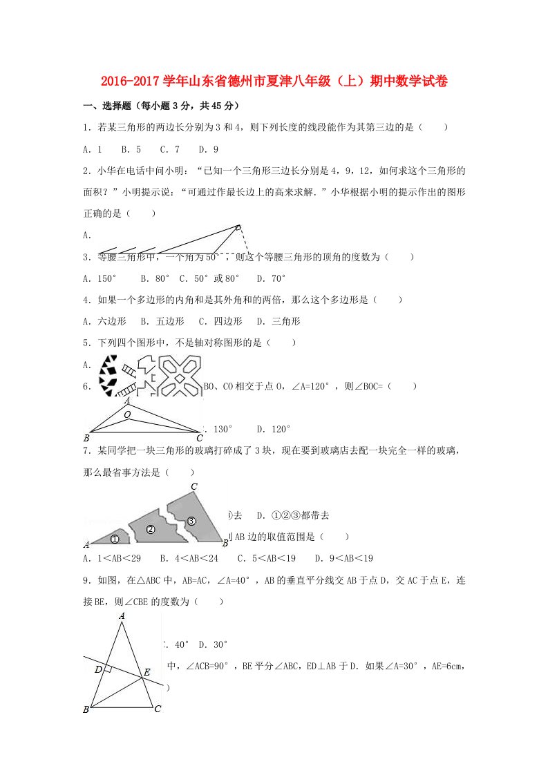 八年级数学上学期期中试卷（含解析）