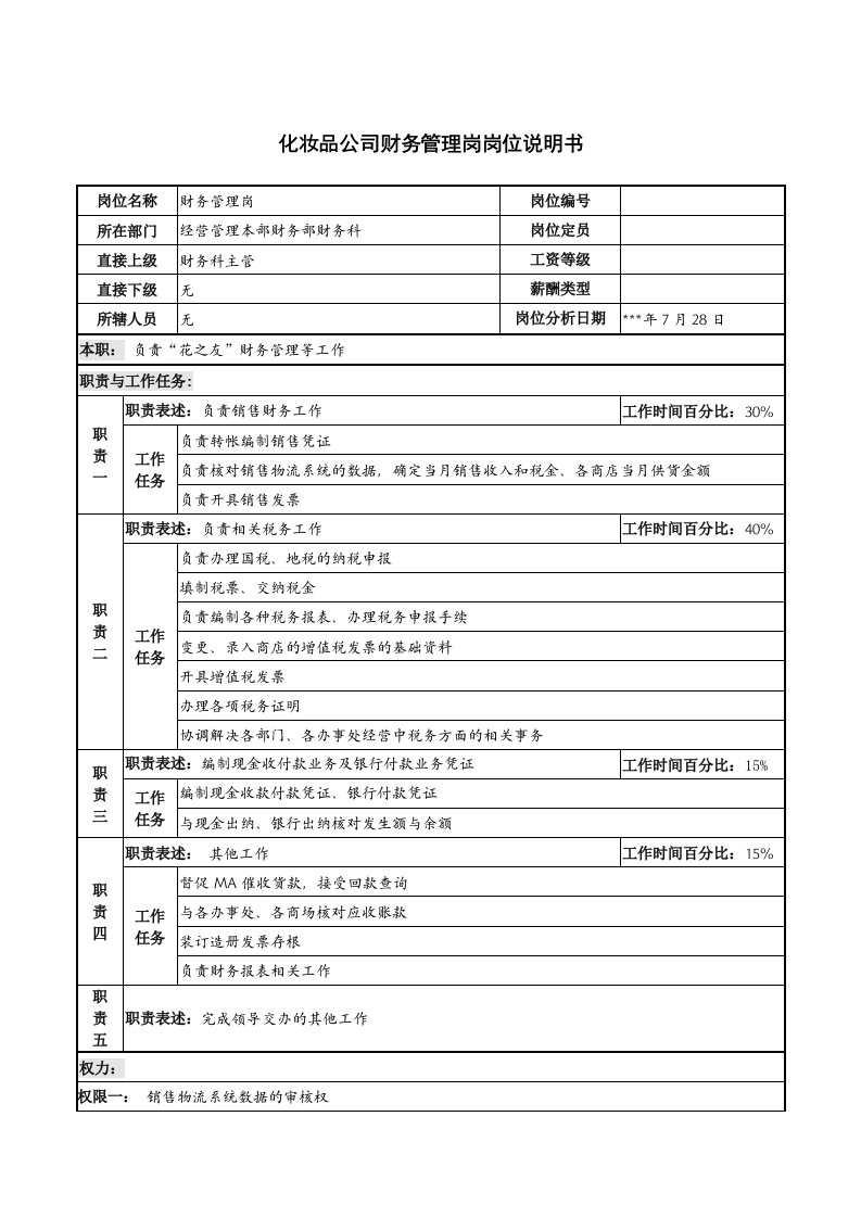 化妆品公司财务管理岗岗位说明书