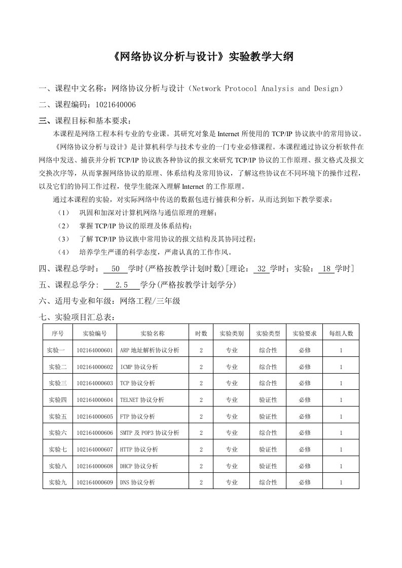 《网络协议分析与设计》实验教学大纲