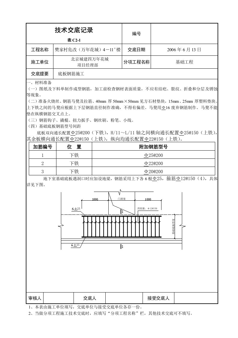 底板钢筋技术交底记录