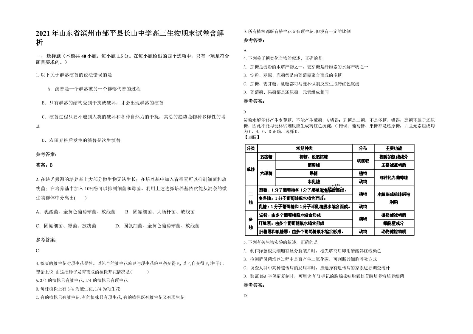 2021年山东省滨州市邹平县长山中学高三生物期末试卷含解析