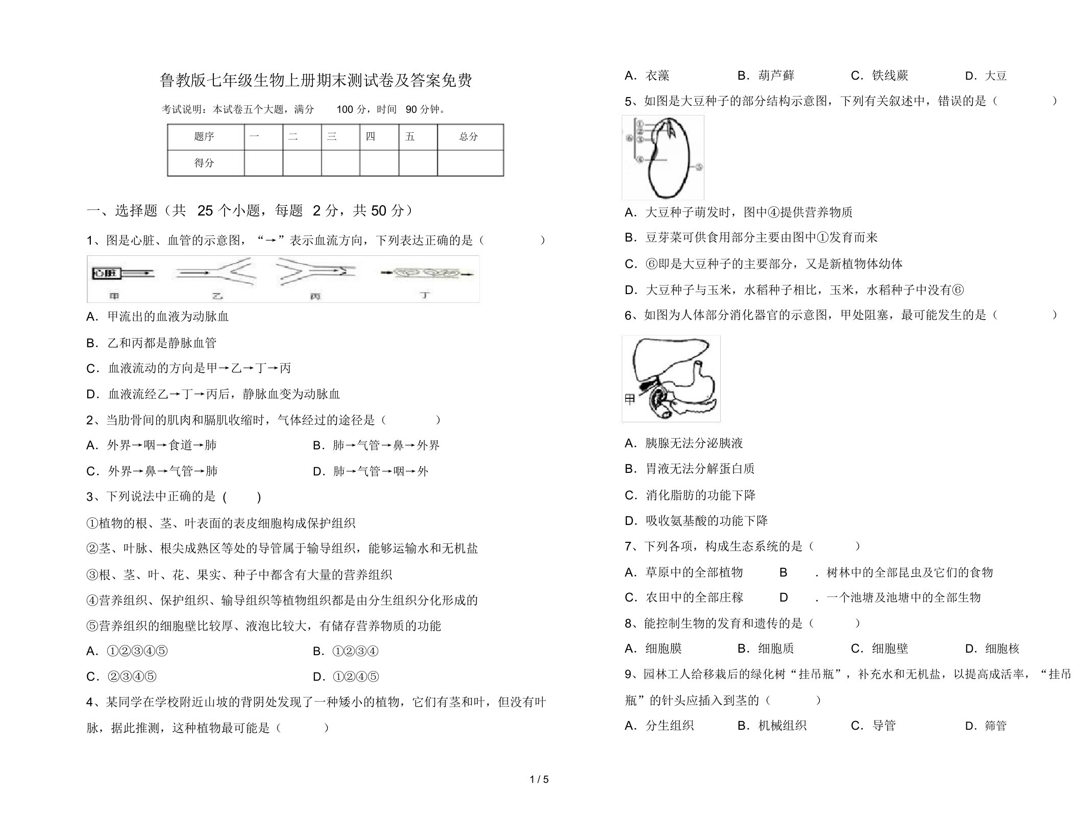 鲁教版七年级生物上册期末测试卷及答案免费