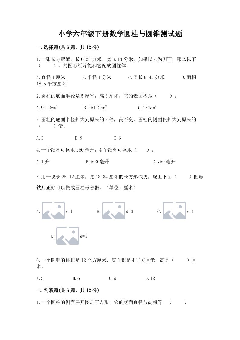 小学六年级下册数学圆柱与圆锥测试题（典型题）