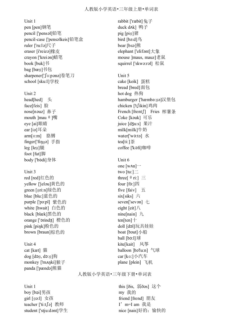 人教版(PEP)小学英语-(三、四、五、六年级)-单词表(附注音标)