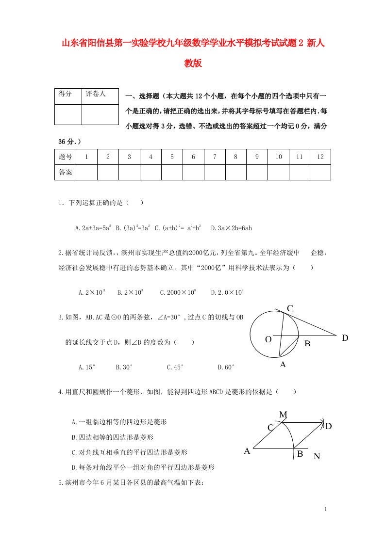 山东省阳信县第一实验学校九级数学学业水平模拟考试试题2