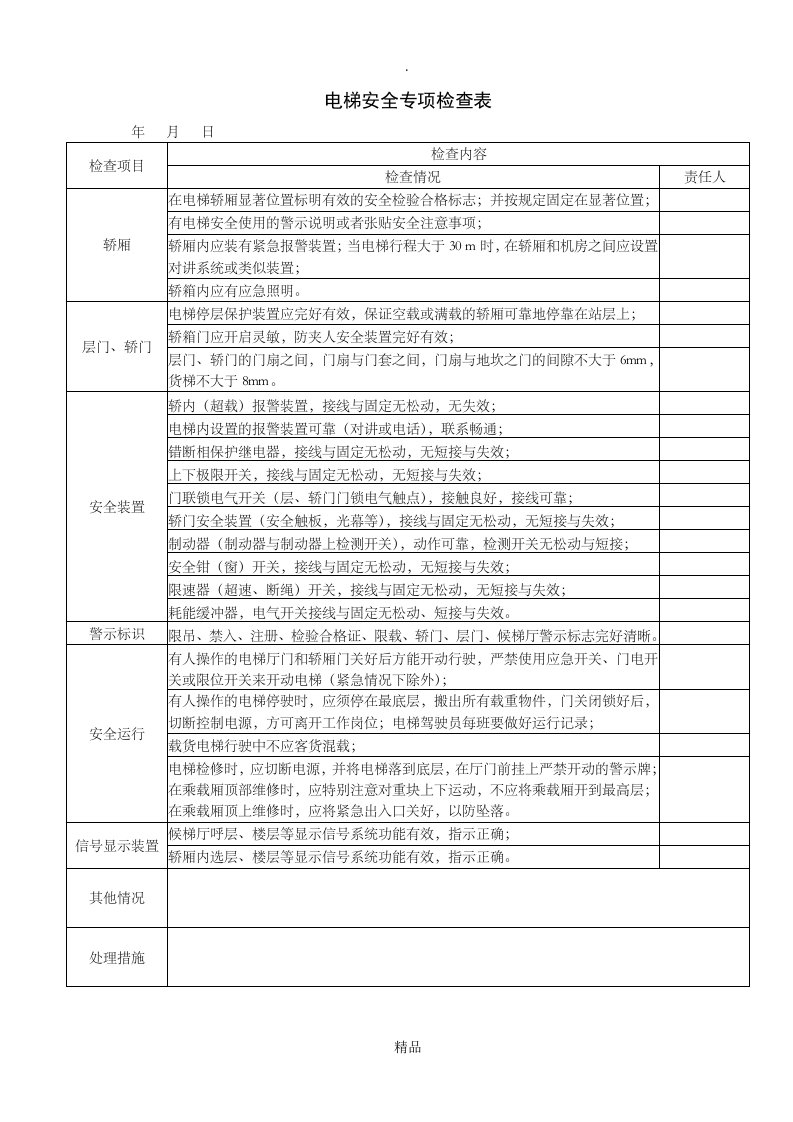 电梯日常安全检查表