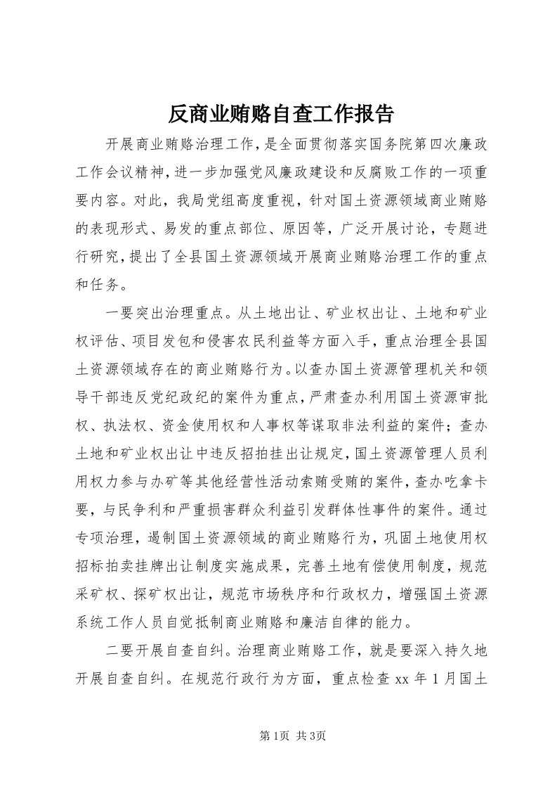 反商业贿赂自查工作报告