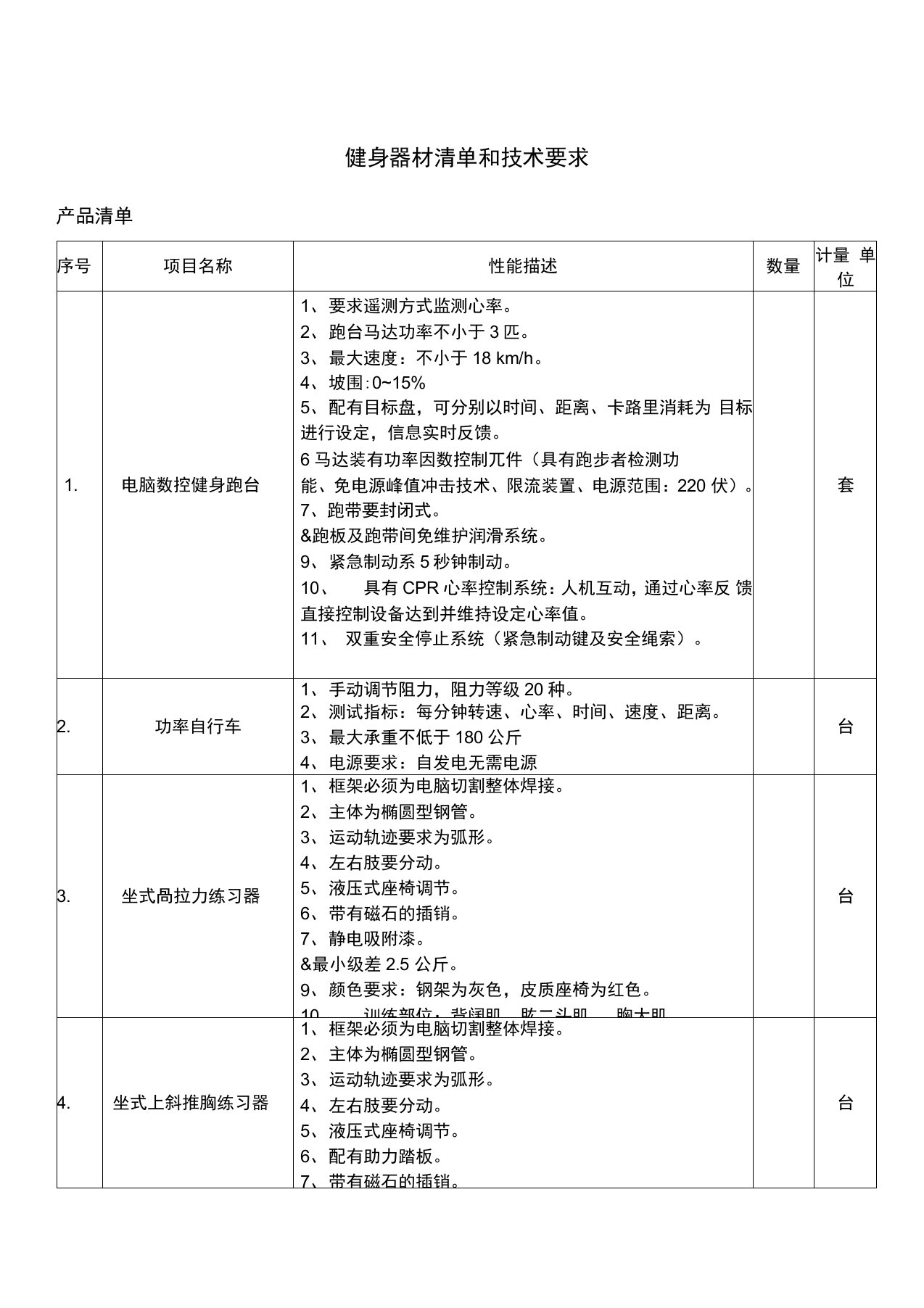 健身器材清单和技术要求