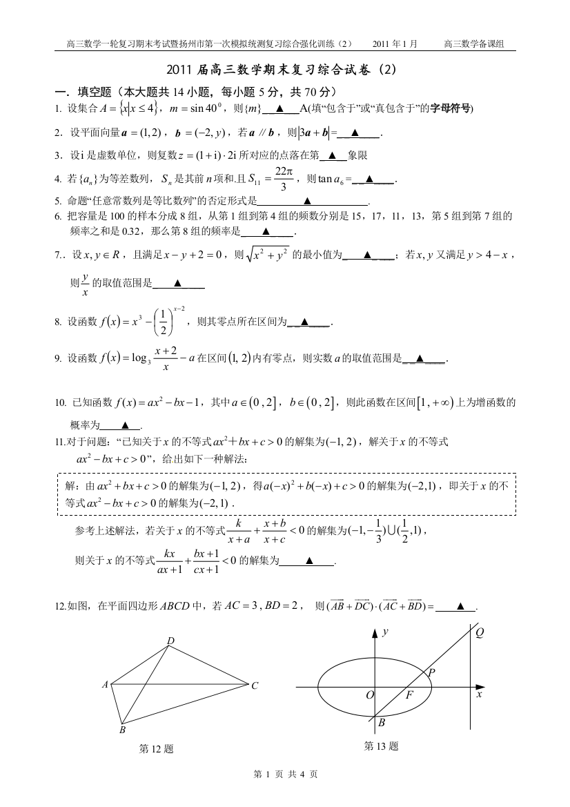 【小学中学教育精选】江苏扬州2011届高三数学期末复习综合试卷（2）