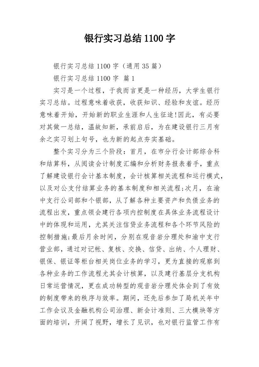 银行实习总结1100字