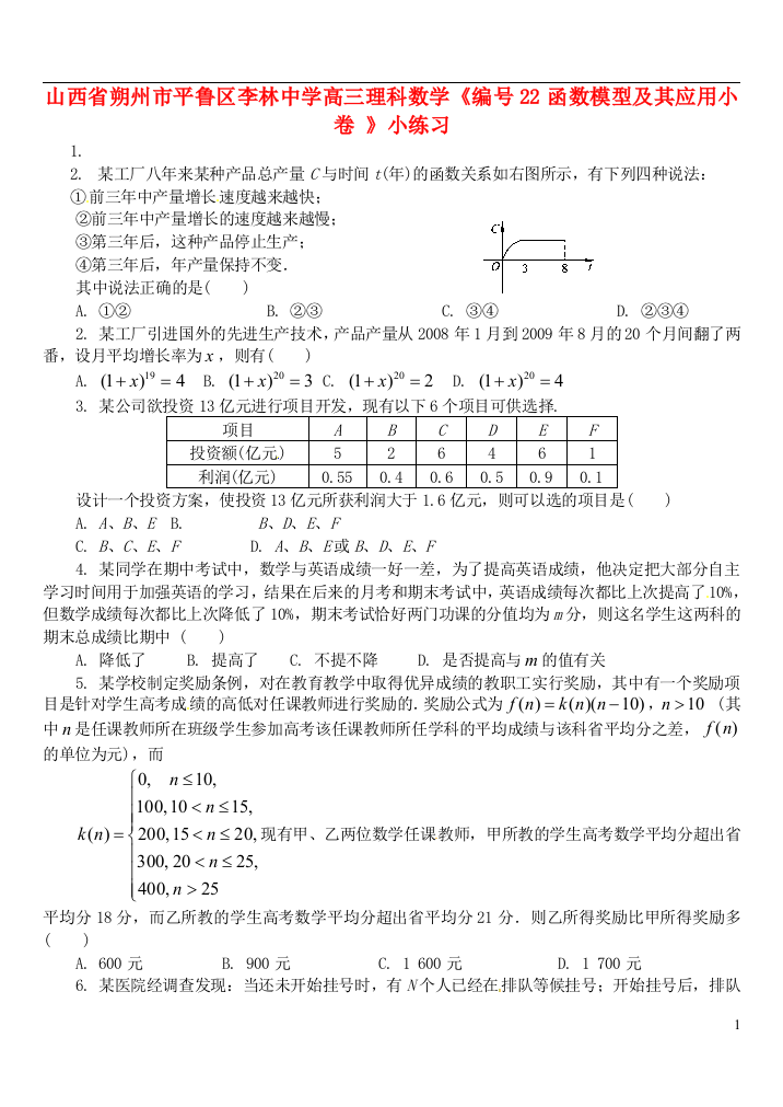 山西省朔州市平鲁区李林中学高三数学《22函数模型及其应用小卷》小练习