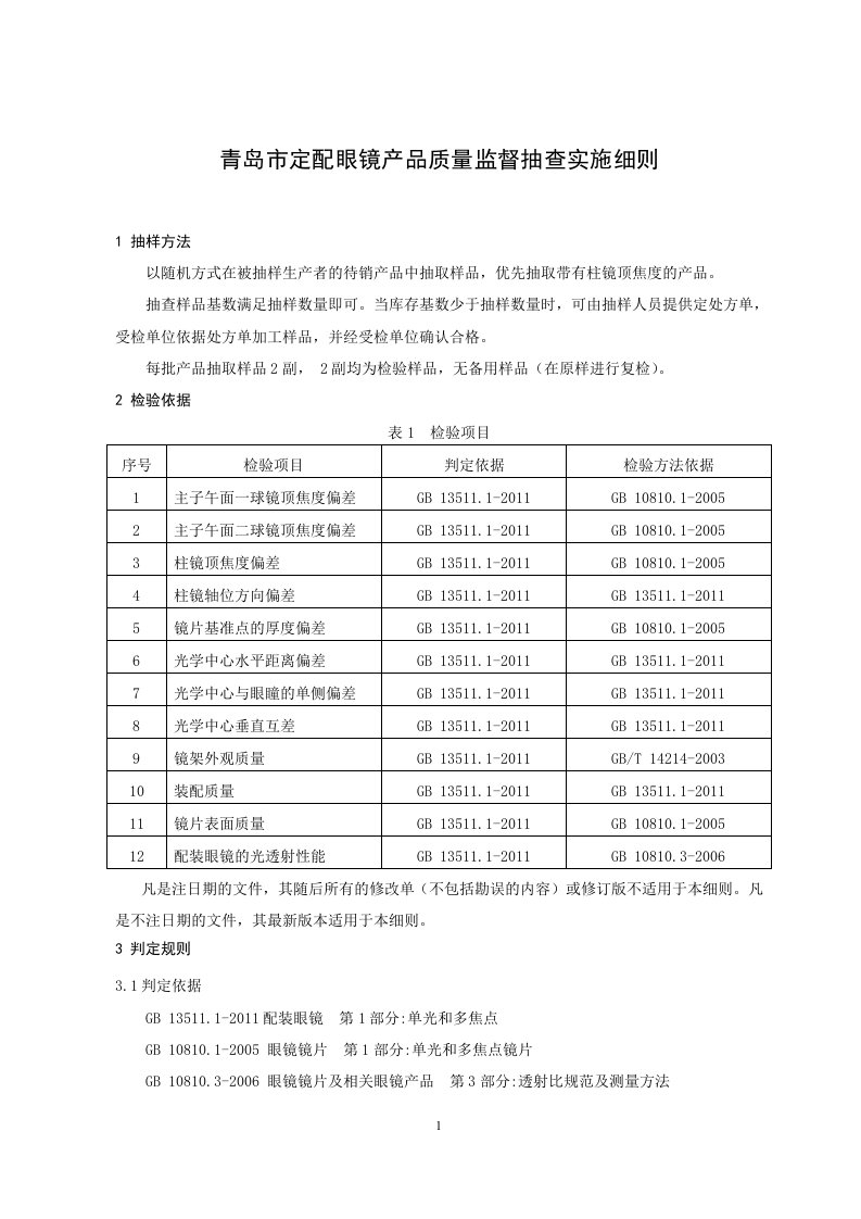 青岛市定配眼镜产品质量监督抽查实施细则