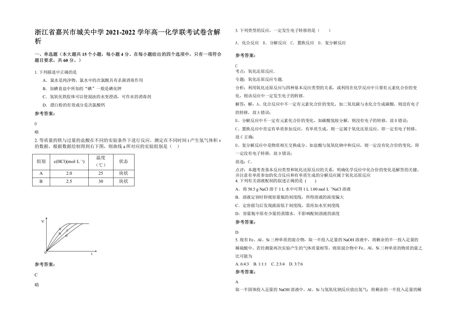 浙江省嘉兴市城关中学2021-2022学年高一化学联考试卷含解析