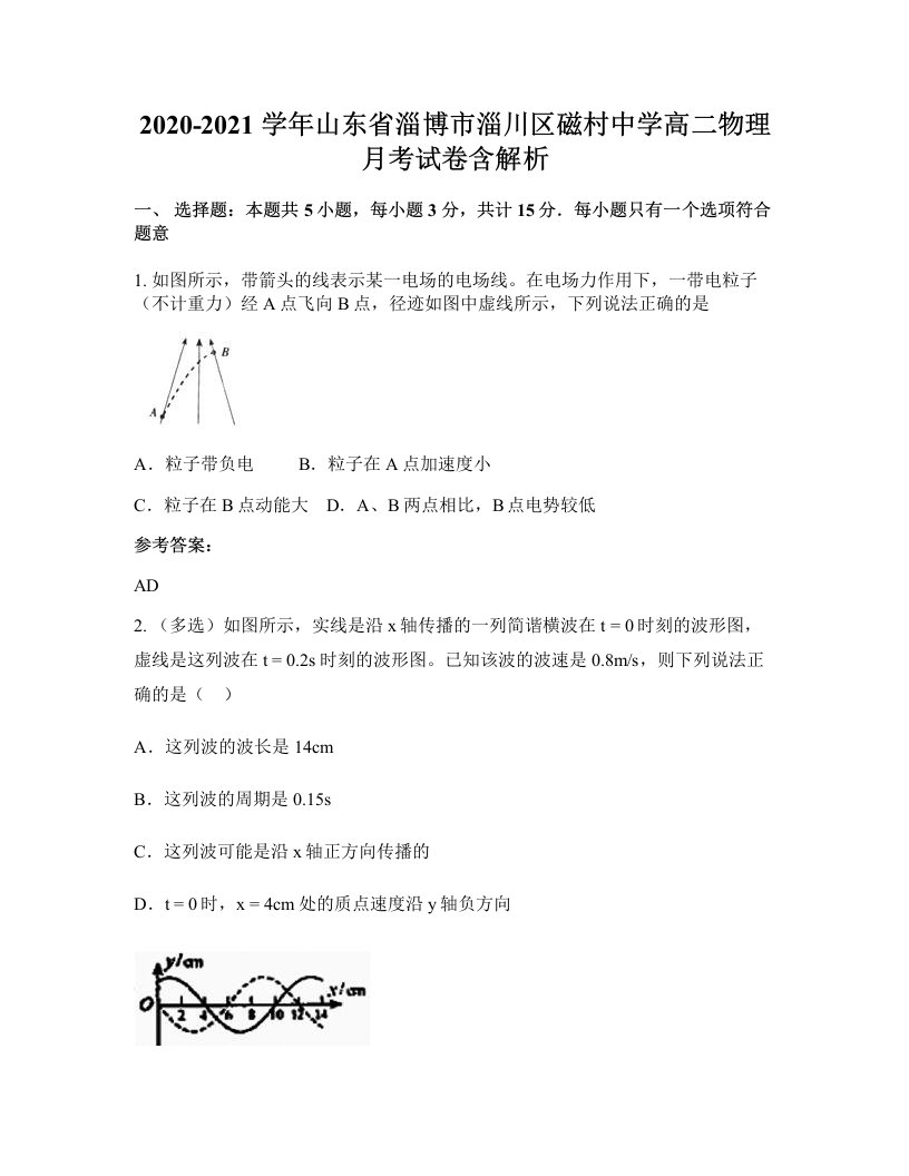 2020-2021学年山东省淄博市淄川区磁村中学高二物理月考试卷含解析