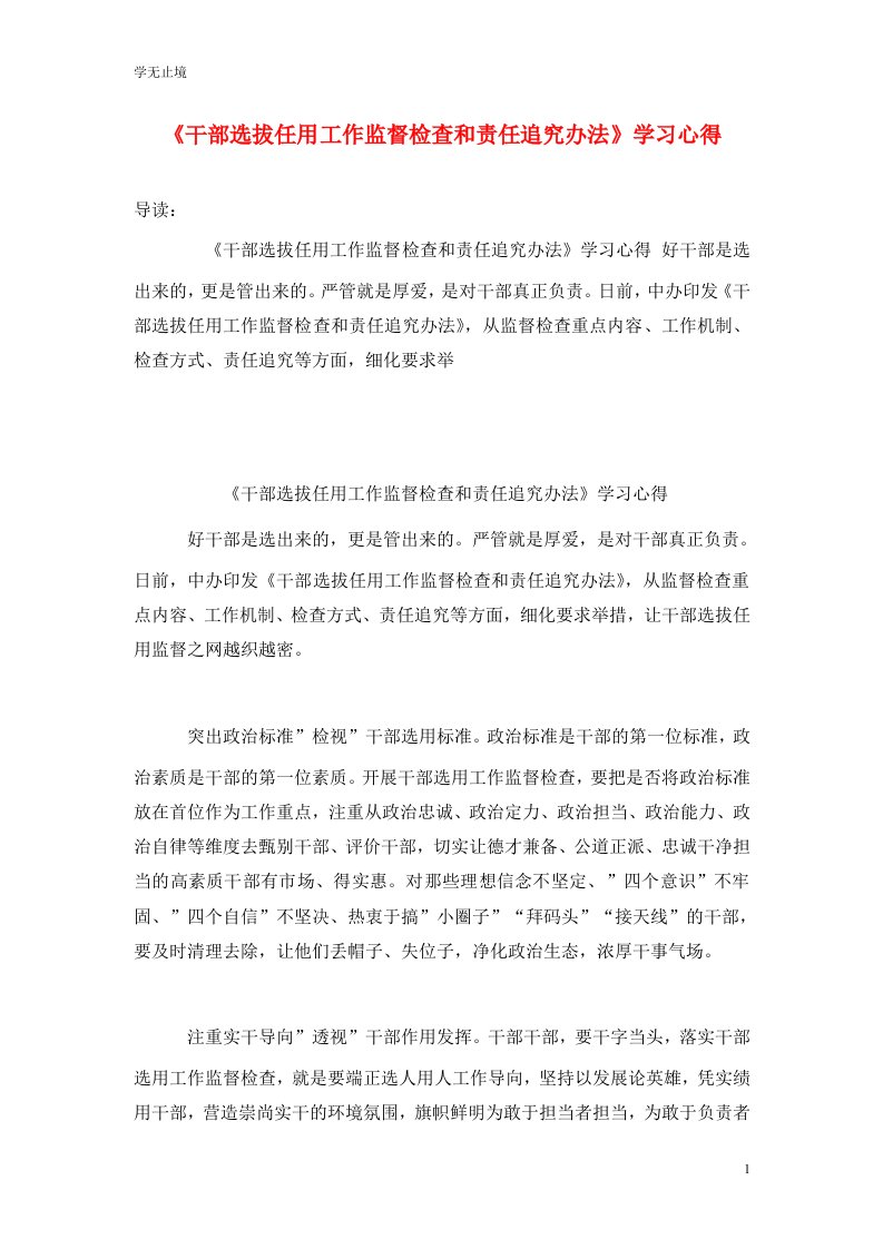 精选干部选拔任用工作监督检查和责任追究办法学习心得