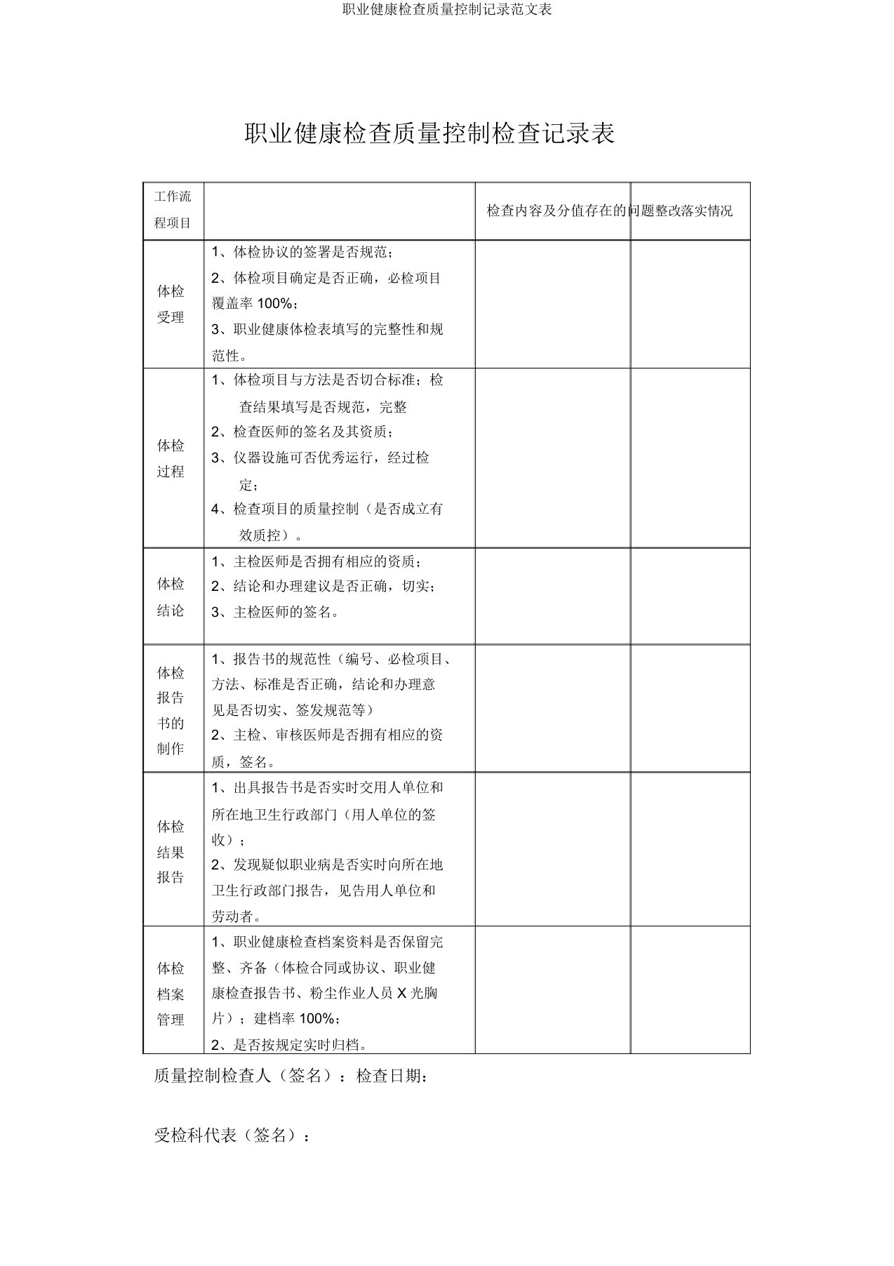 职业健康检查质量控制记录范文表