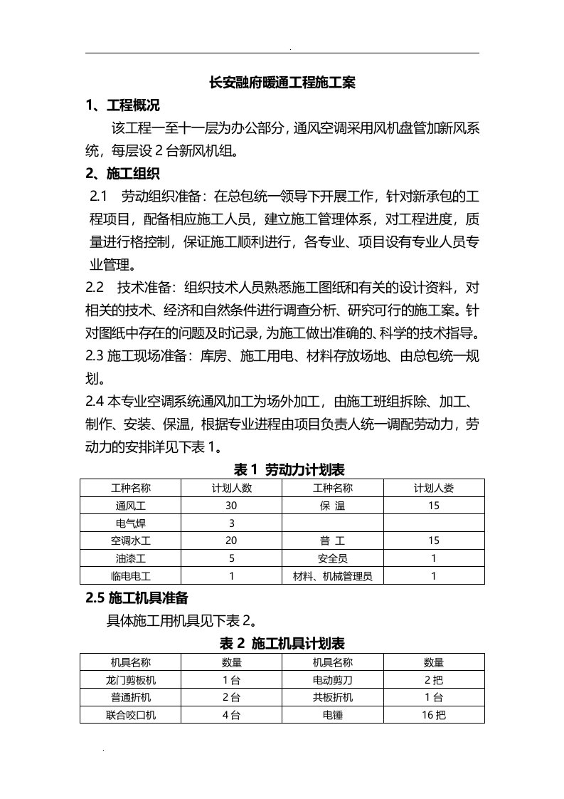 暖通工程施工方案范例