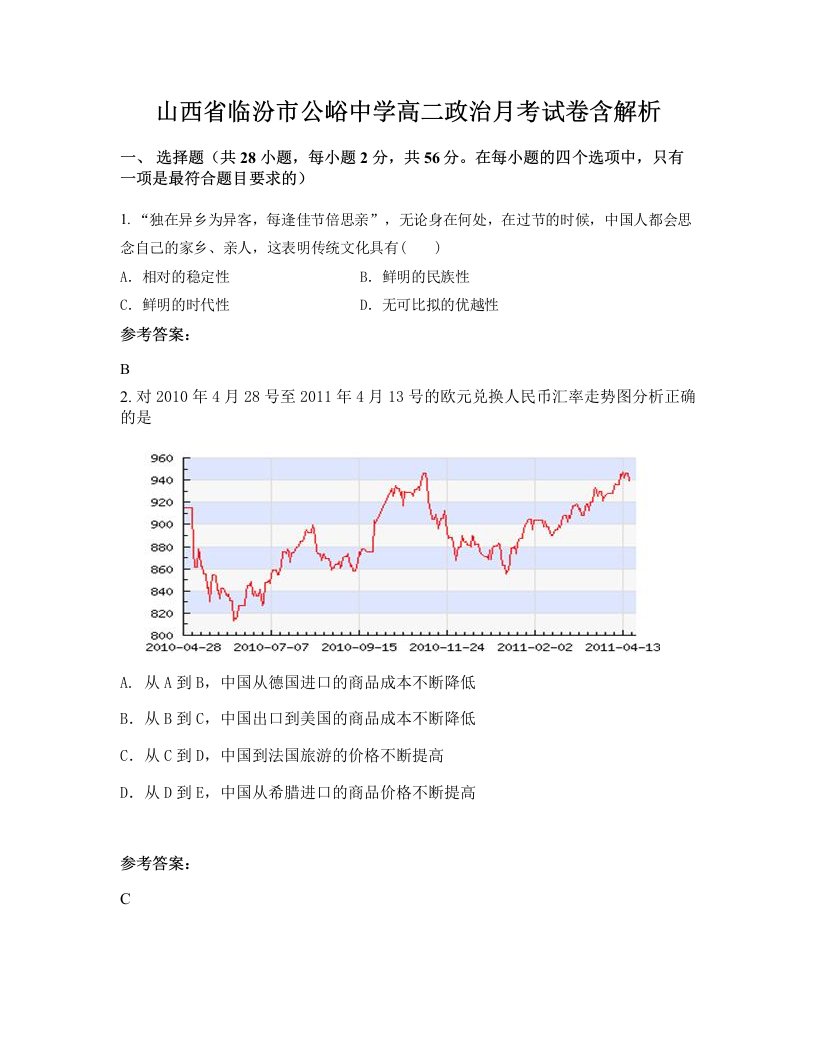 山西省临汾市公峪中学高二政治月考试卷含解析