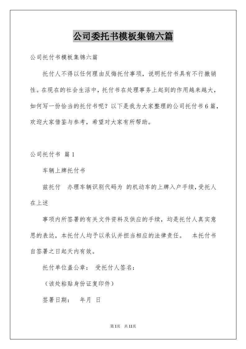 公司委托书模板集锦六篇