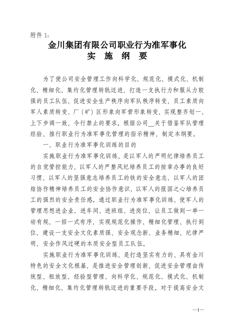 公司职业行为准军事化实施纲要