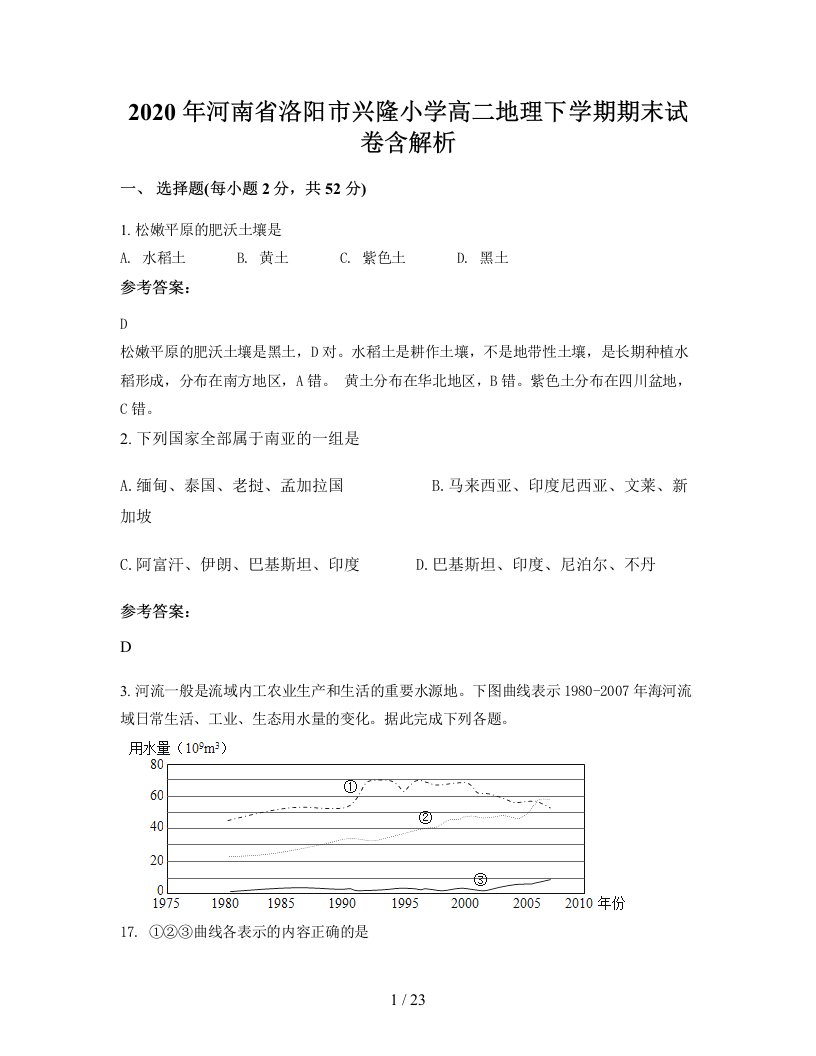 2020年河南省洛阳市兴隆小学高二地理下学期期末试卷含解析