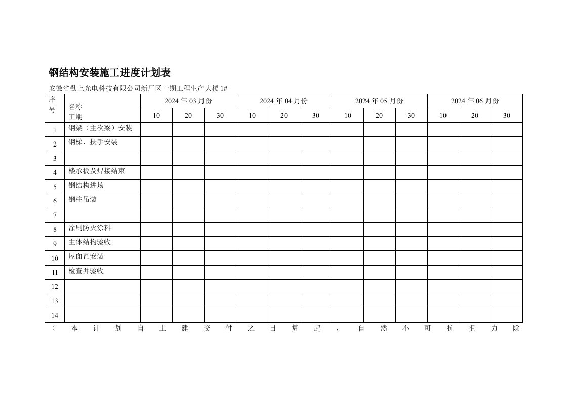 安徽某工厂钢结构装置施工进度计划表