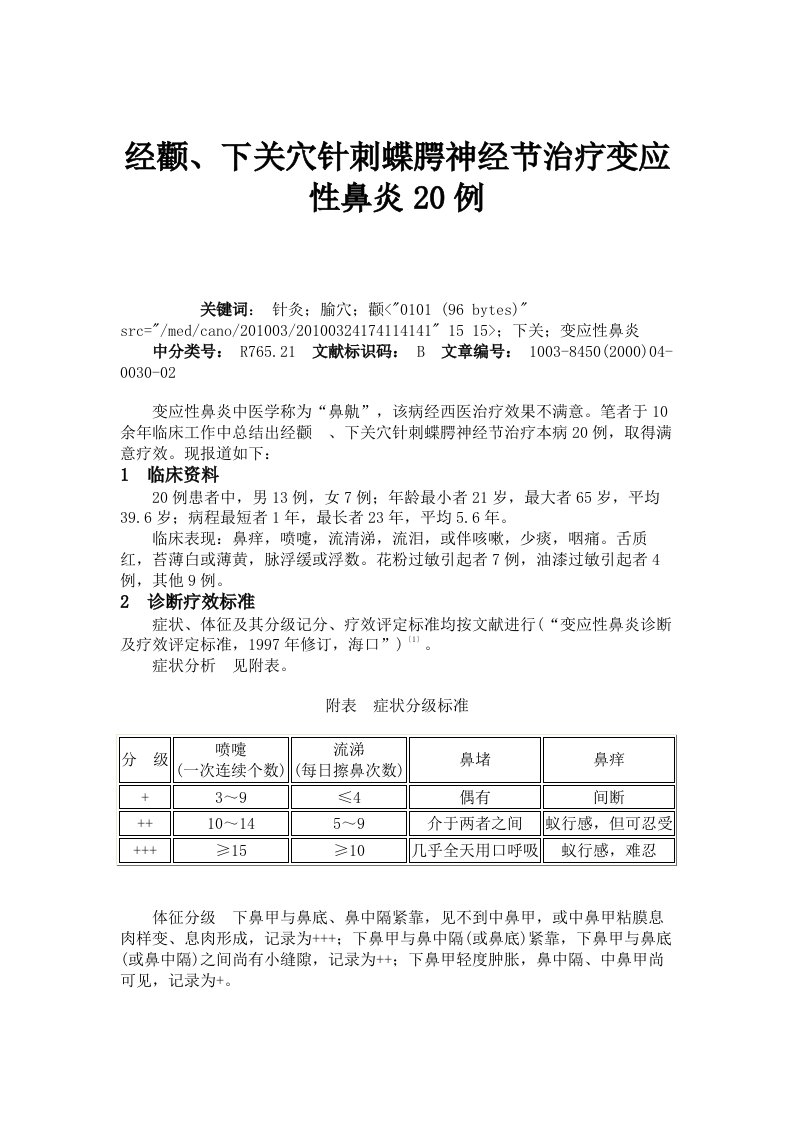 经颧、下关穴针刺蝶腭神经节治疗变应性鼻炎20例