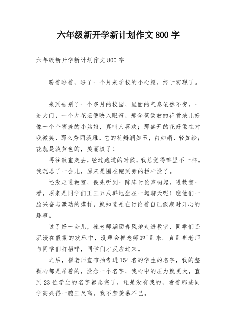 六年级新开学新计划作文800字