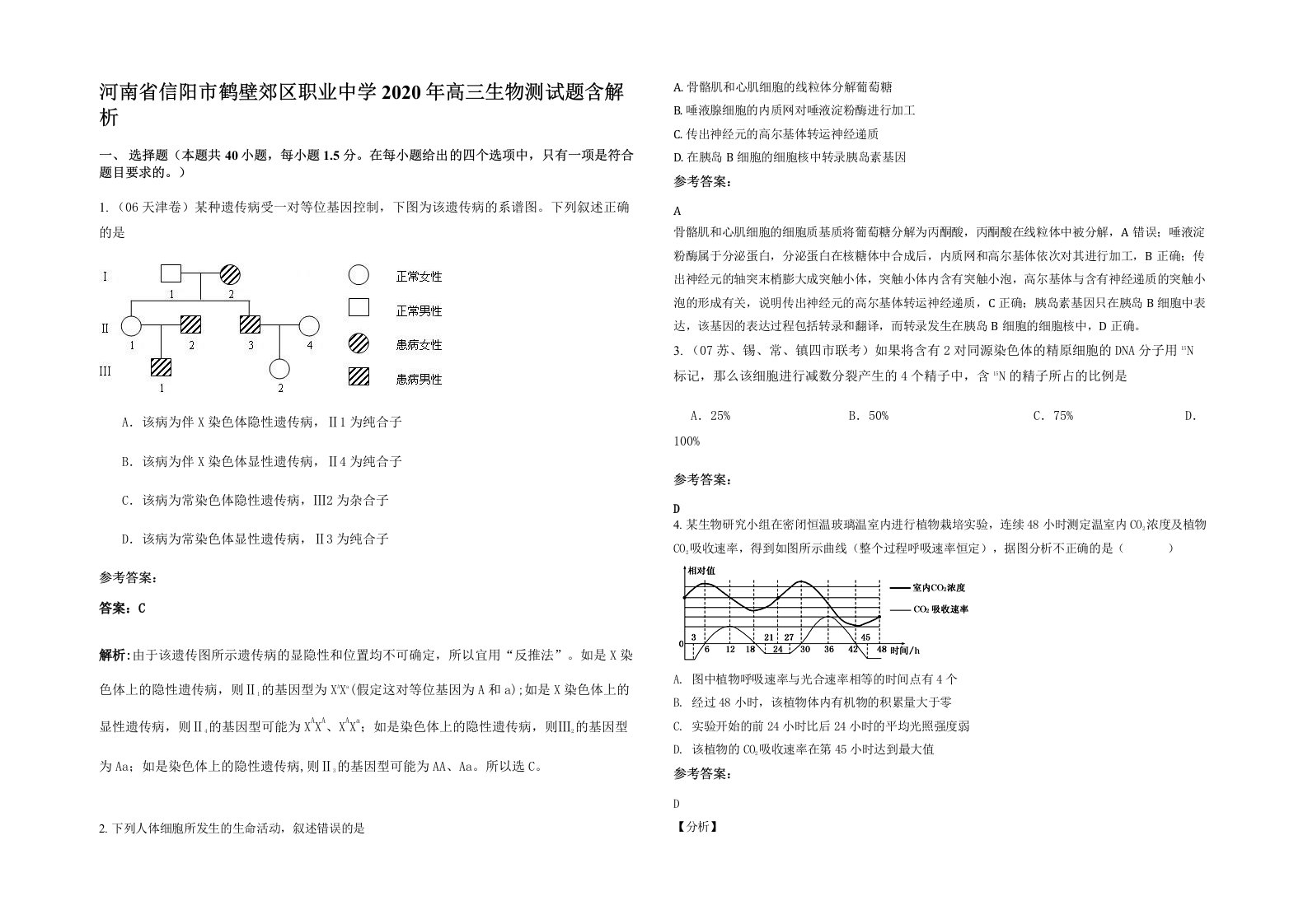 河南省信阳市鹤壁郊区职业中学2020年高三生物测试题含解析