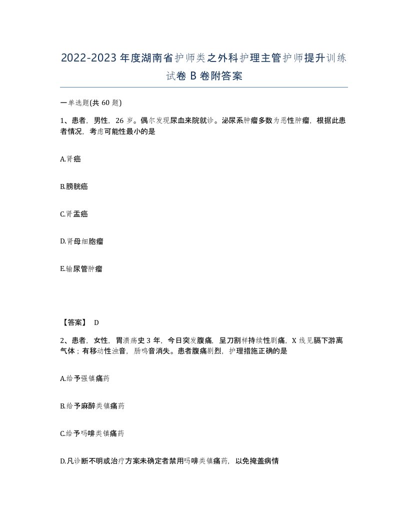 2022-2023年度湖南省护师类之外科护理主管护师提升训练试卷B卷附答案