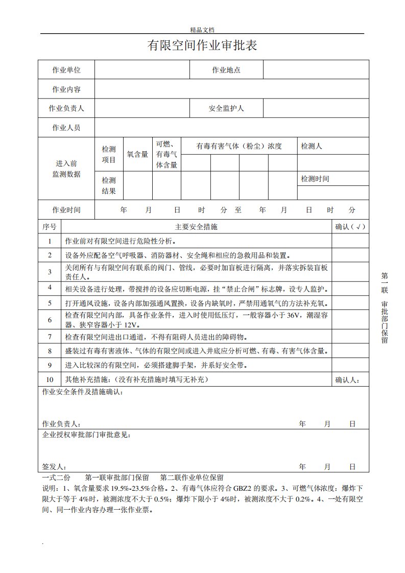 有限空间作业审批表范本