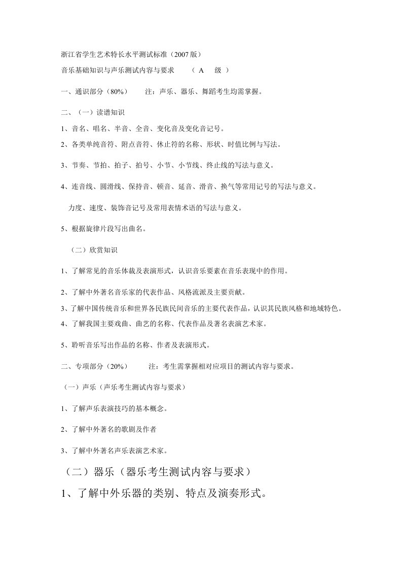 浙江省学生A艺术特长乐理知识