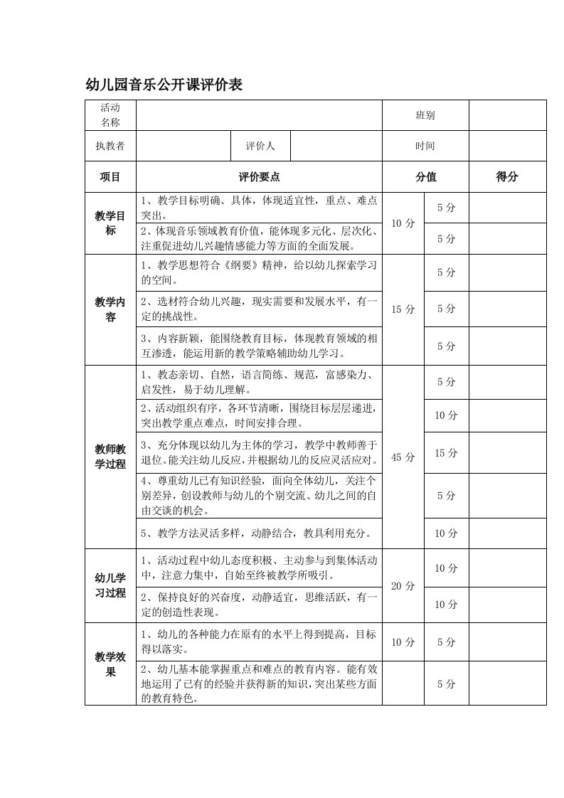 幼儿园音乐公开课评价表