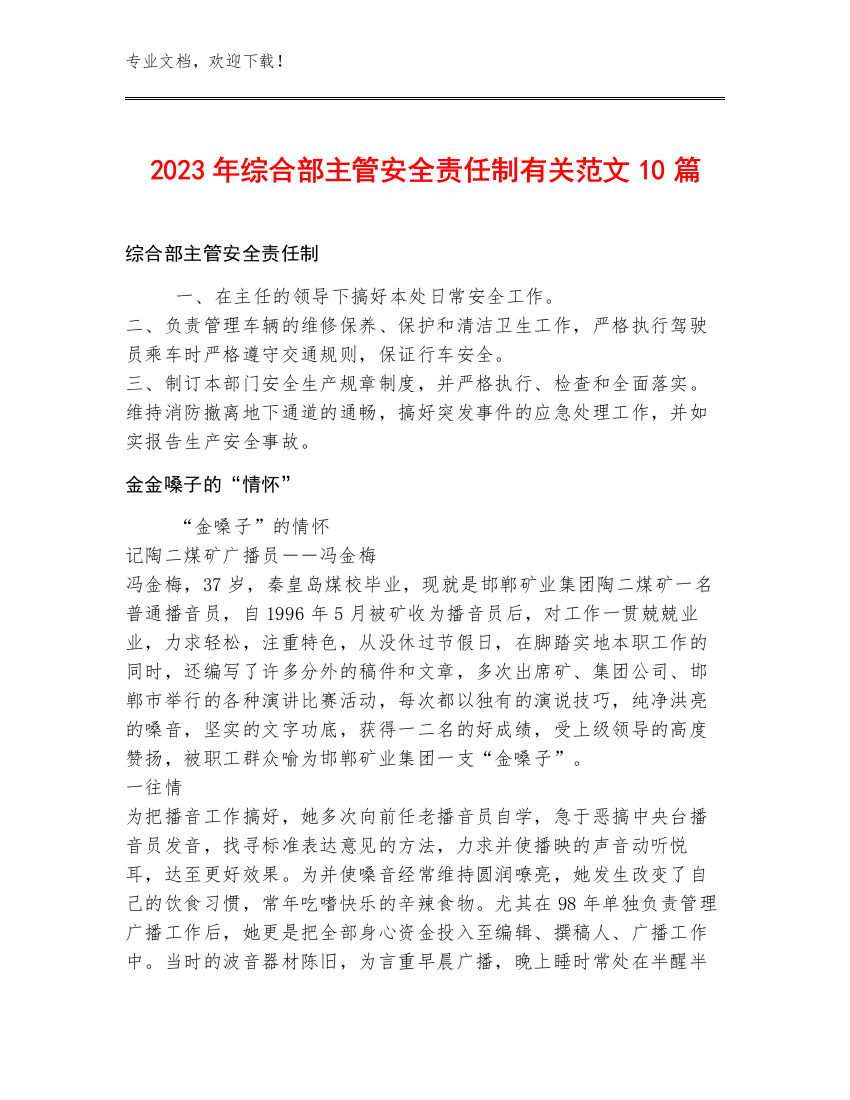 2023年综合部主管安全责任制范文10篇