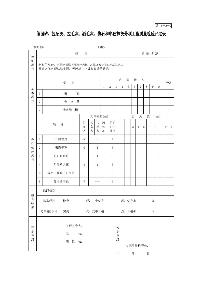 建11-2-2假面砖、拉条灰、拉毛灰、洒毛灰、仿石和彩色抹灰分项工程质量检验评定表