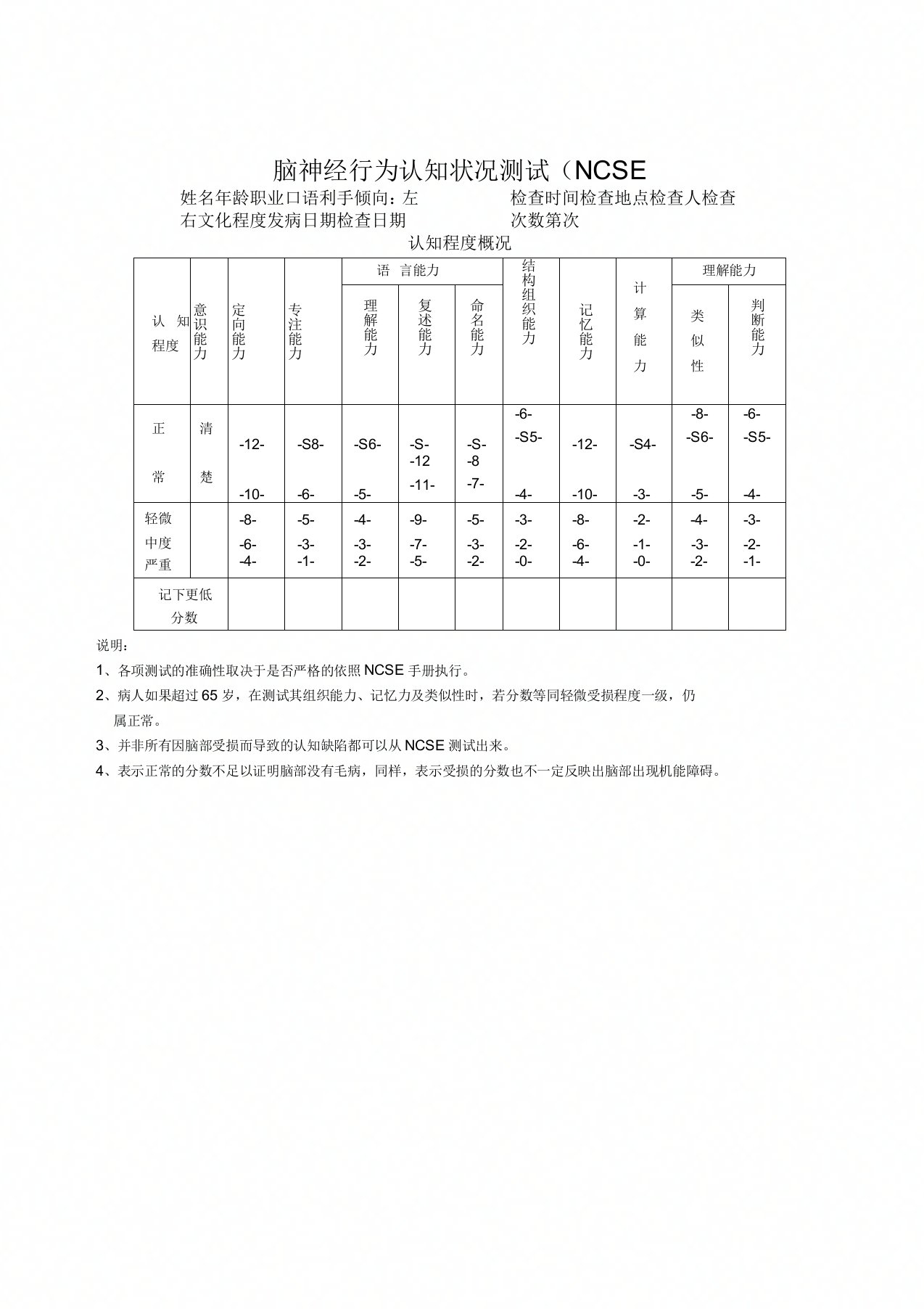 脑神经行为认知状况测试NCSE