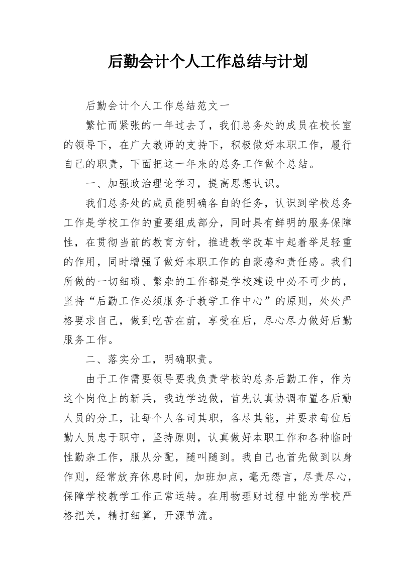 后勤会计个人工作总结与计划