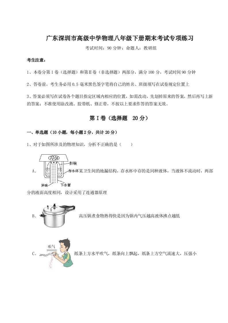 基础强化广东深圳市高级中学物理八年级下册期末考试专项练习试题（含详细解析）