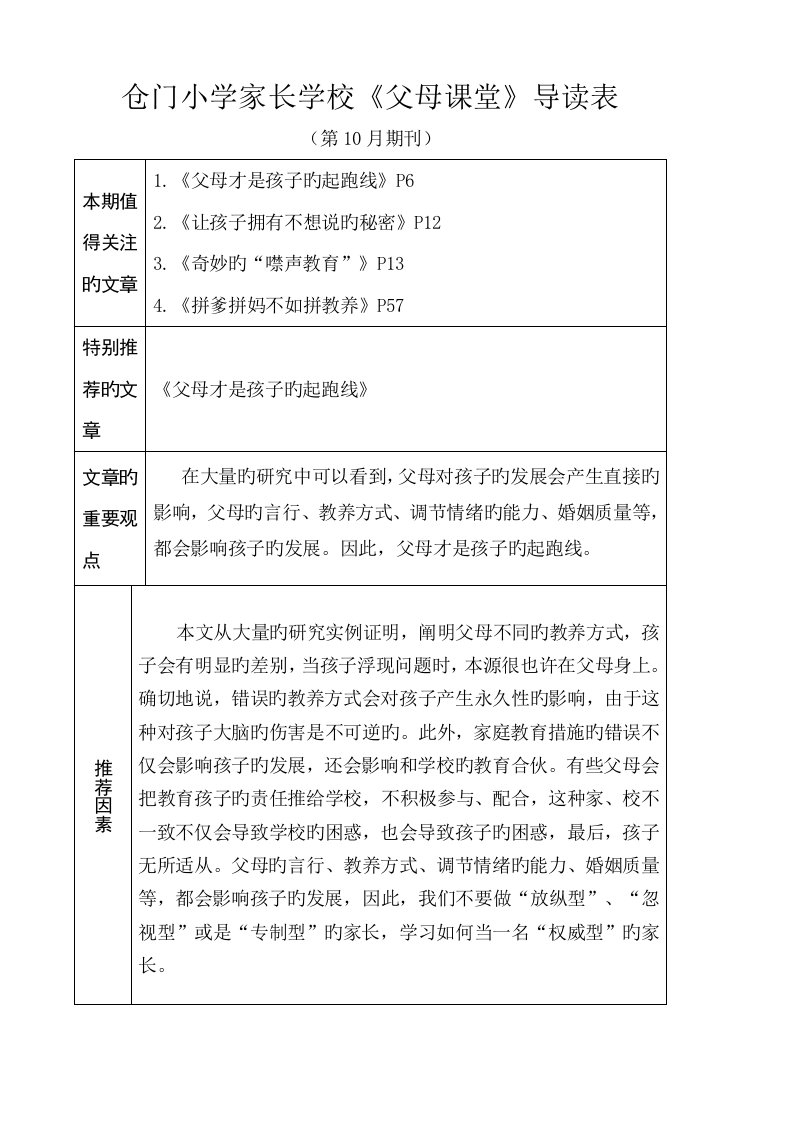 《父母课堂》导读表