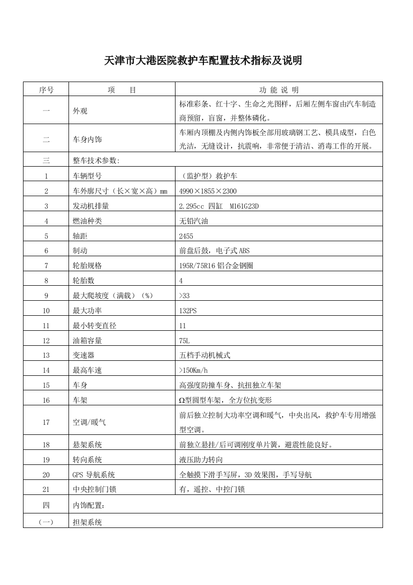 天津市大港医院救护车配置技术指标及说明序号项目功能说