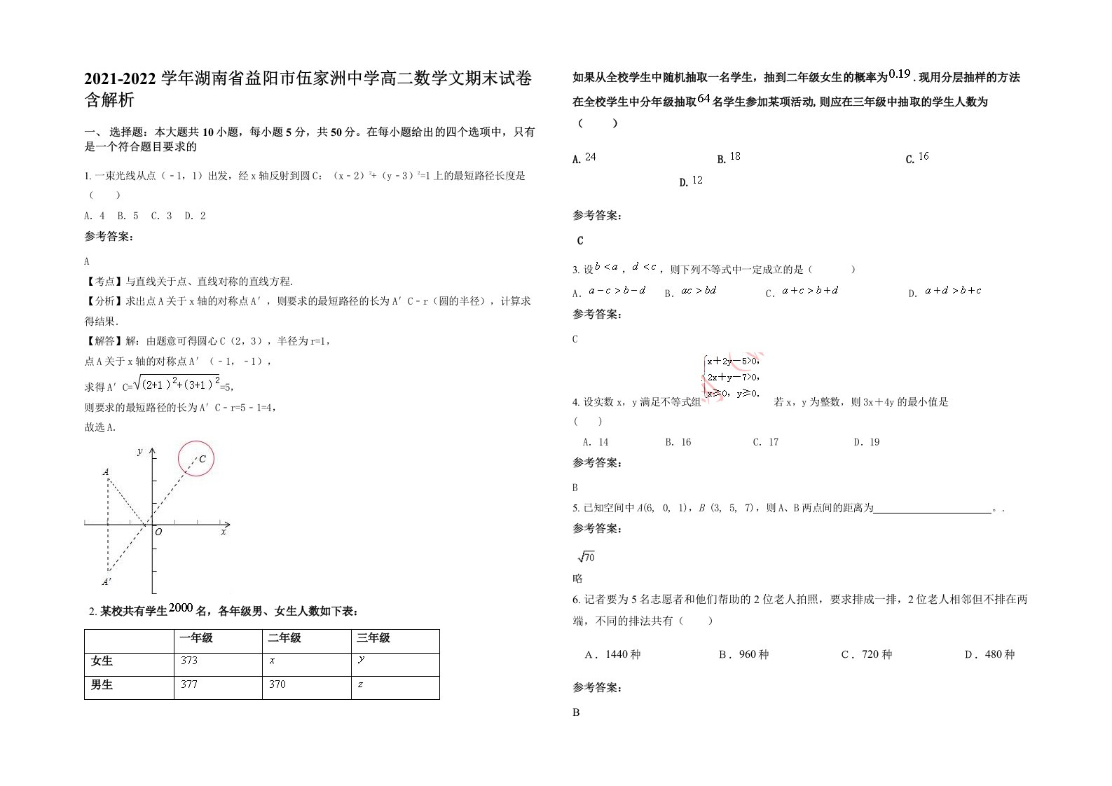 2021-2022学年湖南省益阳市伍家洲中学高二数学文期末试卷含解析